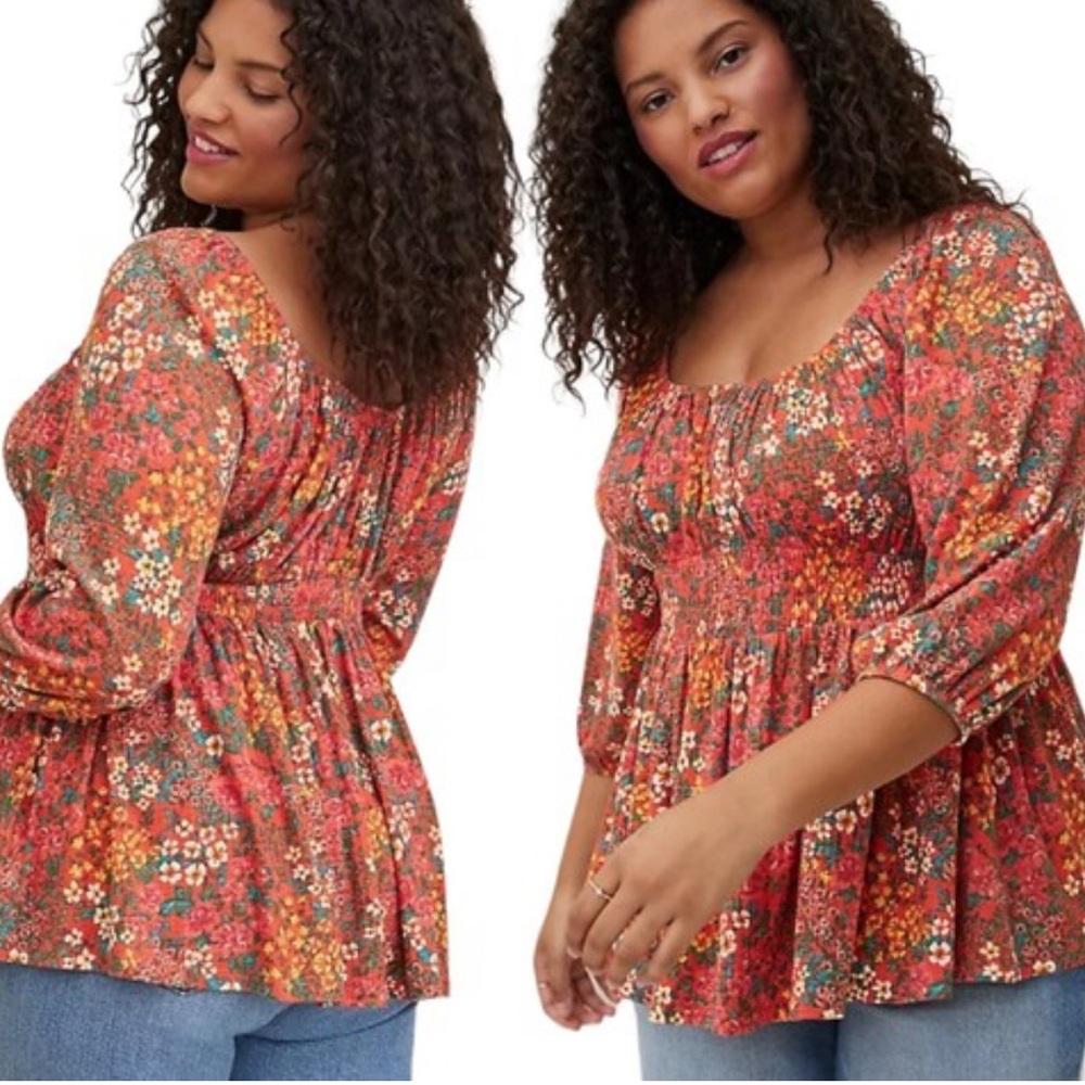 Torrid Orange Red Smocked Peplum Babydoll Blouse size 0